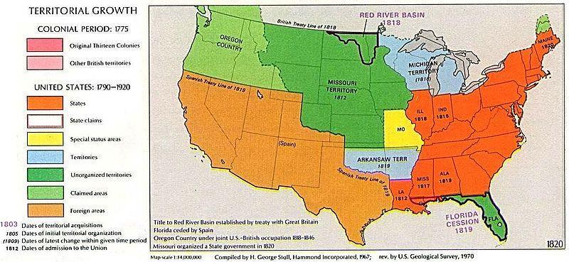 U.S. Territory The United States in 1819 (the light orange and light green areas were not then U.S. territory).