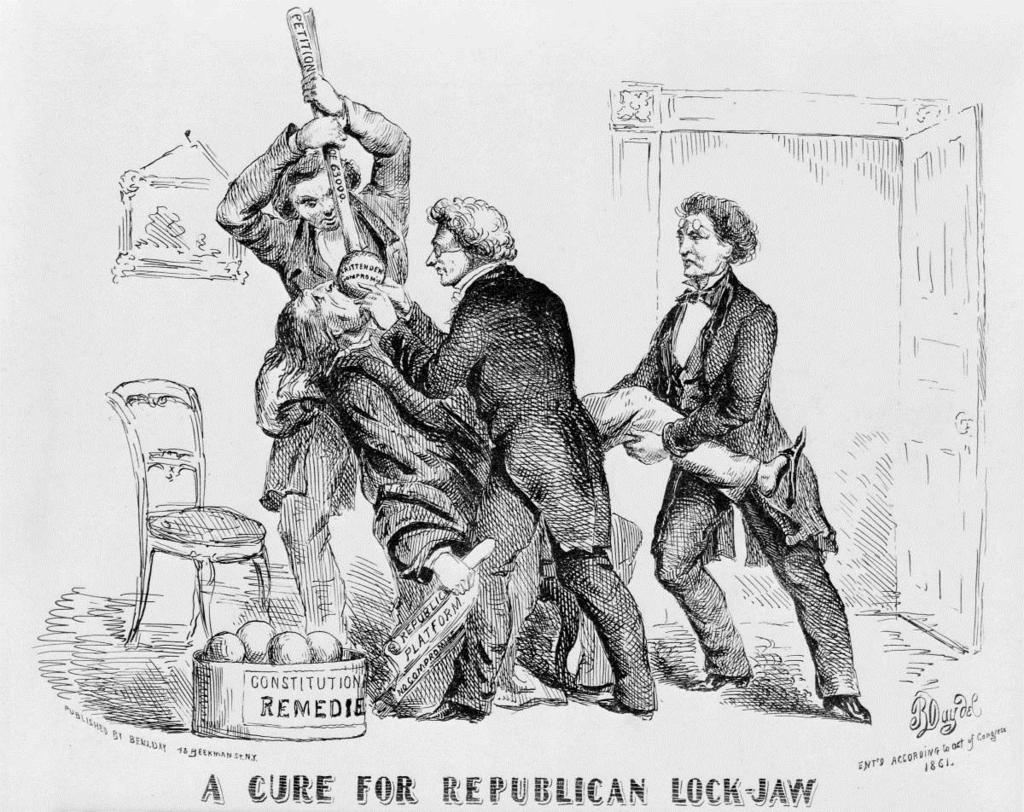 An anti-republican cartoon from early 1861 shows supporters of the Crittenden Compromise forcing the "constitutional" remedy
