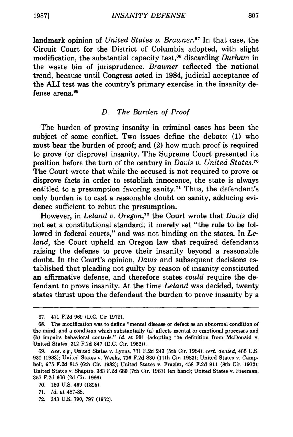 1987] INSANITY DEFENSE landmark opinion of United States v. Brawner.