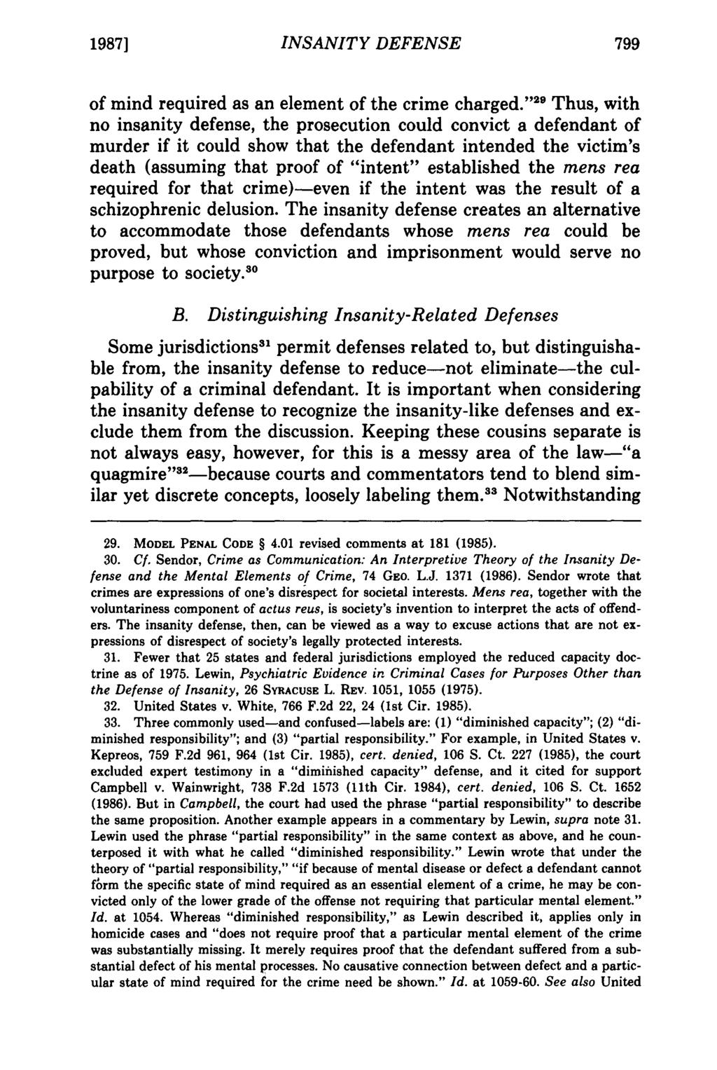1987] INSANITY DEFENSE of mind required as an element of the crime charged.