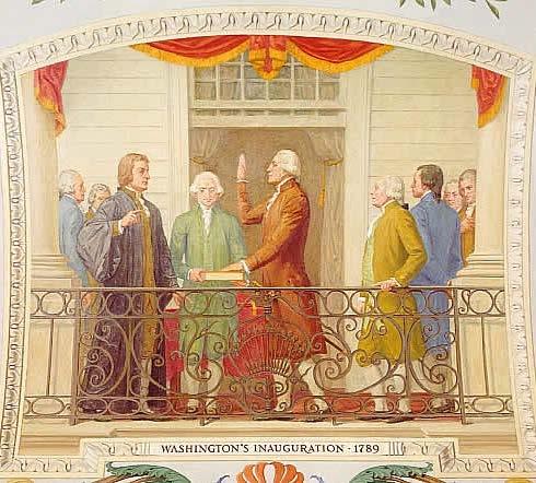 Washington's Inauguration, 1789 Allyn Cox, Oil on Canvas, 1973-1974 George Washington was sworn in as the nation's first president on April 30, 1789, on the balcony of Federal Hall in New York.