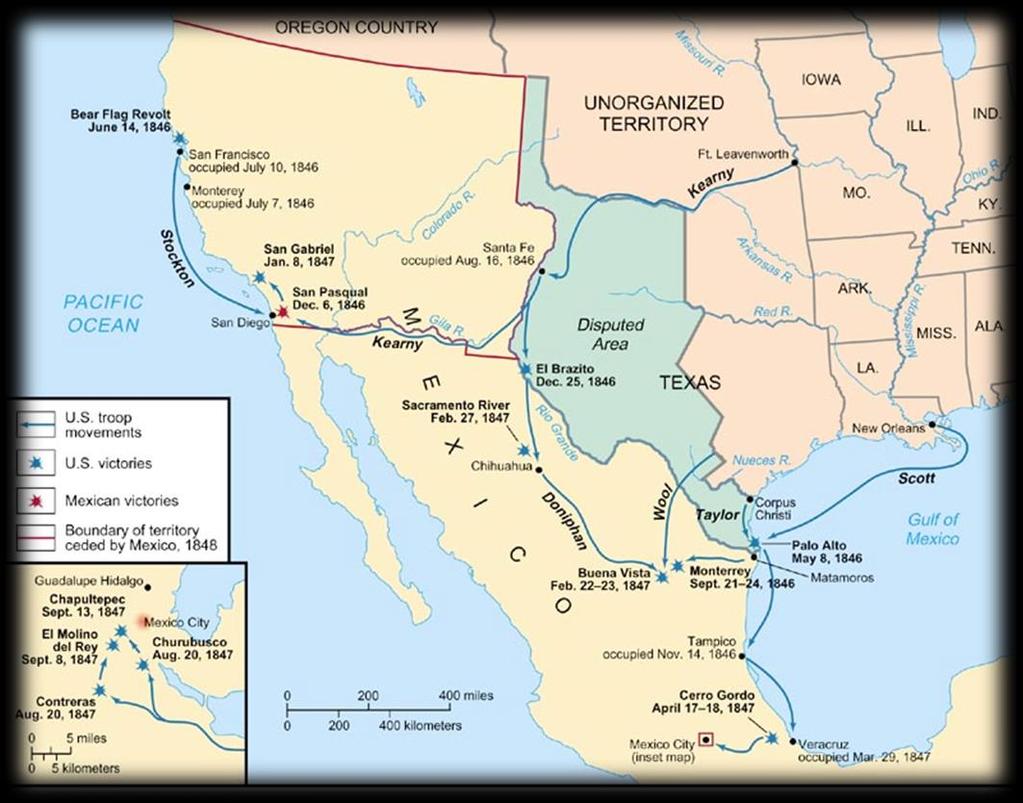 Adding the Southwest Americans went into New Mexico with the help of the Mormon Brigade. CA left Mexico and became the Bear Flag Republic and waited to join the US.
