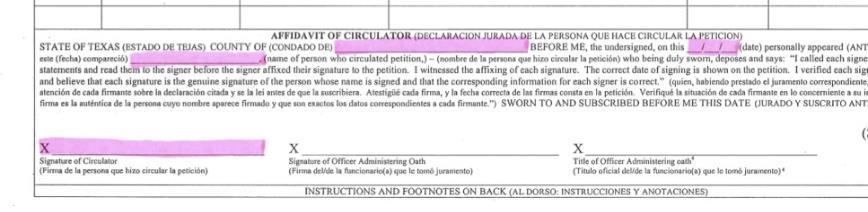 Information required on the Affidavit of Circulator for each group of pages: o
