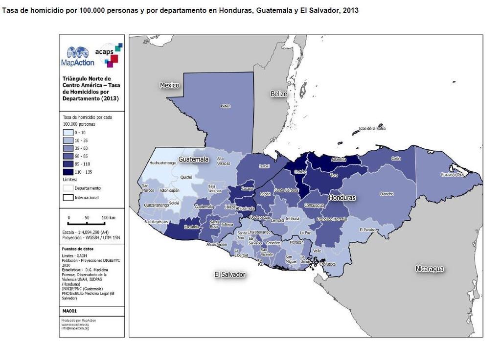 Honduras Yoro s rate was between 85 and 110 homicides. Colón, Copán, Comayagua, Santa Bárbara, and Francisco Morazán had homicide rates between 65 and 85.