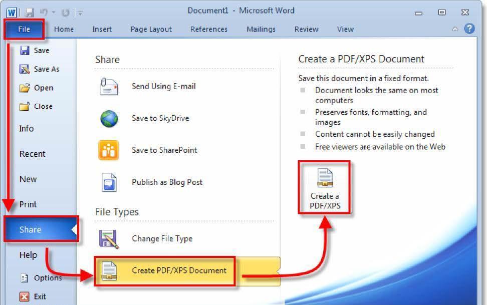 Word 2010/13 Click File, Share. From the Share menu, Click Create PDF Document then on the right-side Click Create a PDF. Other Versions of Word Open the file you wish to save.