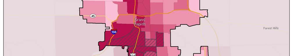 About one-fifth of the census tracts in Grand Rapids are largely made up of people of color (76 percent or more); these neighborhoods tend to have the highest poverty rates.