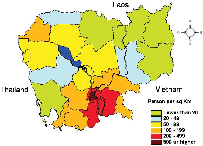 Figure 3.4 Distribution of population density by province Cambodia 2013 3.11 Population Concentration by Provinces Distribution and concentration differ from the location and area point of view.