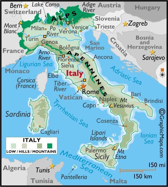 Geography of Rome located in the center of the Italian peninsula close to the Mediterranean Sea: provides transportation and food.