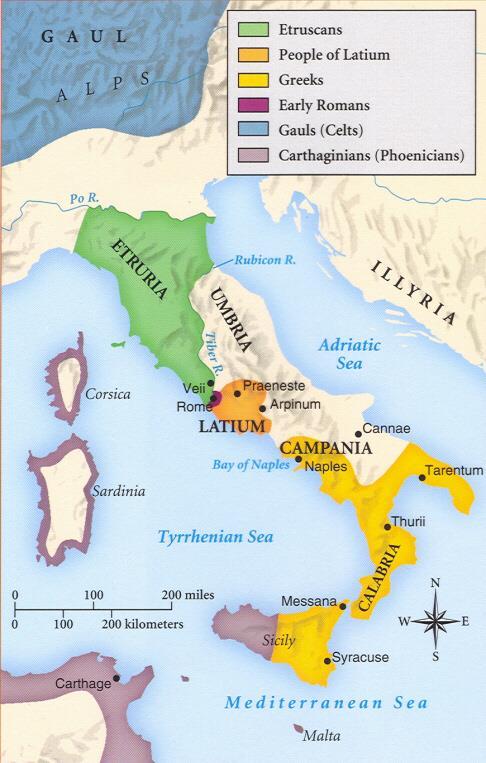 The First Romans Latins, Greeks, and Etruscans battled for control of Italian peninsula Latins- originally settled in a cluster of wooden huts on seven hills around 1000 BC Greeks- 750 600 BC Greek