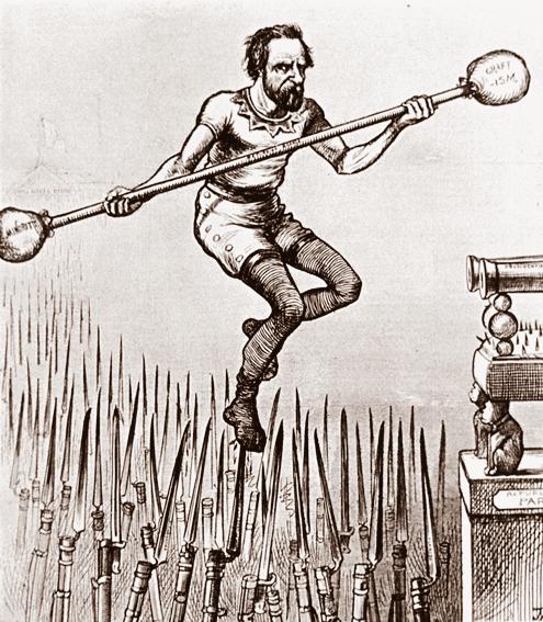 This political cartoon, entitled the Great Acrobatic Feat of Rutherford B. Hayes, refers to the disputed 1876 presidential election. Democrat Samuel Tilden won the popular vote.