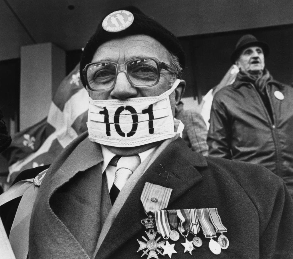 Protection of the French Language and Bill 101 Canadian veteran protesting against Bill 101-1982