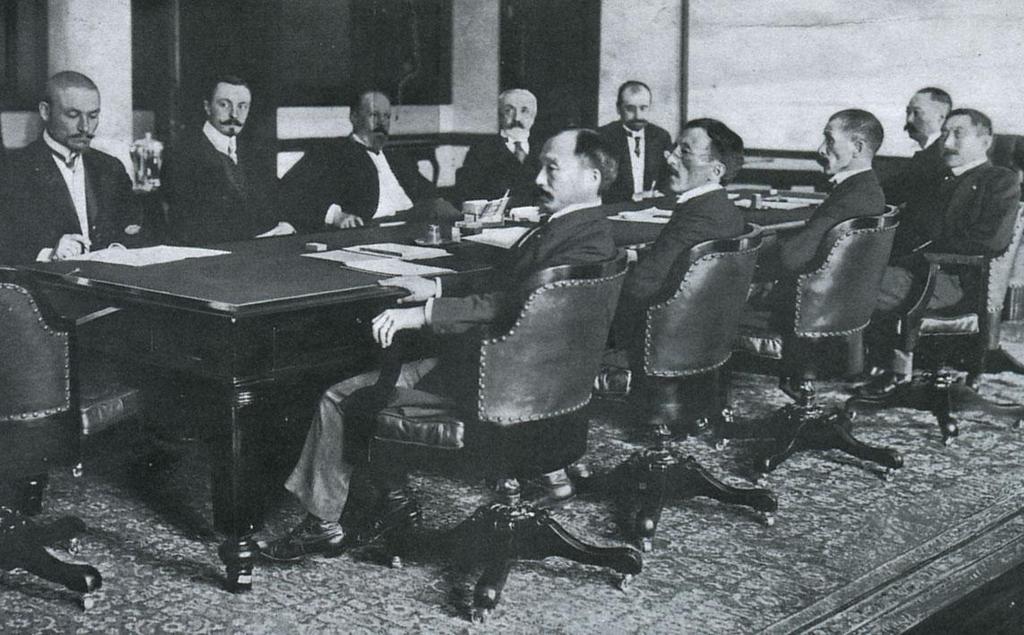 The Peace Conference, with the Russians sitting at the far side of the table and the Japanese on the near side.