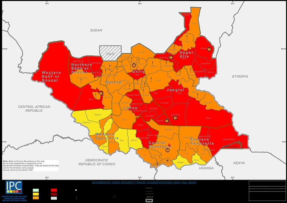 IPC CLASSIFICATION FOR SOUTH SUDAN FOR MAY-JULY 2018 Disclaimer: Former state and county boundaries on this map do not imply acceptance or recognition by the Government of South Sudan and/or its