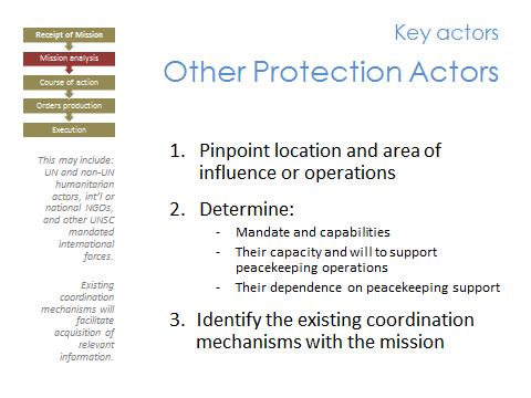 Module 3 Lesson 3.4: Tactical Decision Making Process Considerations Slide 65 As discussed in Module 1, peacekeeping operations are not the only protection actors in their area of operations.