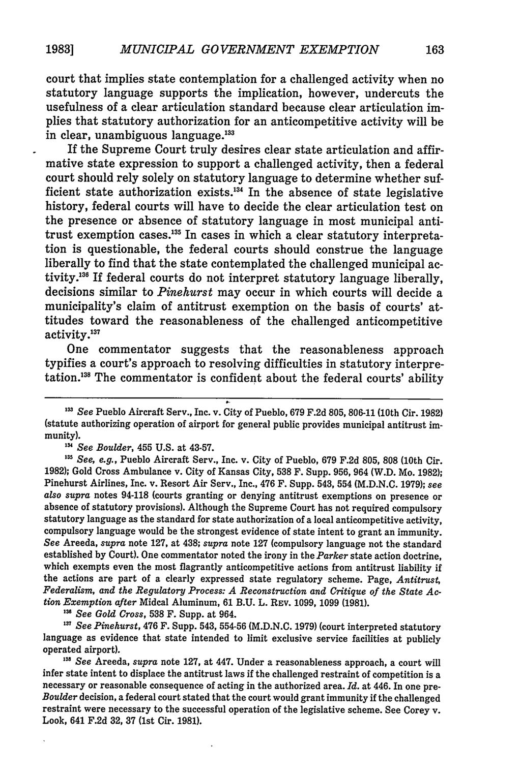 1983] MUNICIPAL GO VERNMENT EXEMPTION court that implies state contemplation for a challenged activity when no statutory language supports the implication, however, undercuts the usefulness of a