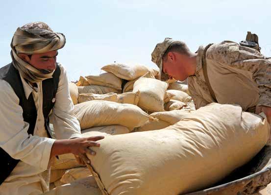 COUNTERNARCOTICS A U.S. Marine and a farmer place a bag of fertilizer in a wheelbarrow at the Civil-Military Operations Center at Camp Hansen near Marjah. (U.S. Marine Corps photo) counternarcotics objectives and indicators into wider development policies and programs being implemented in poppy-growing areas.