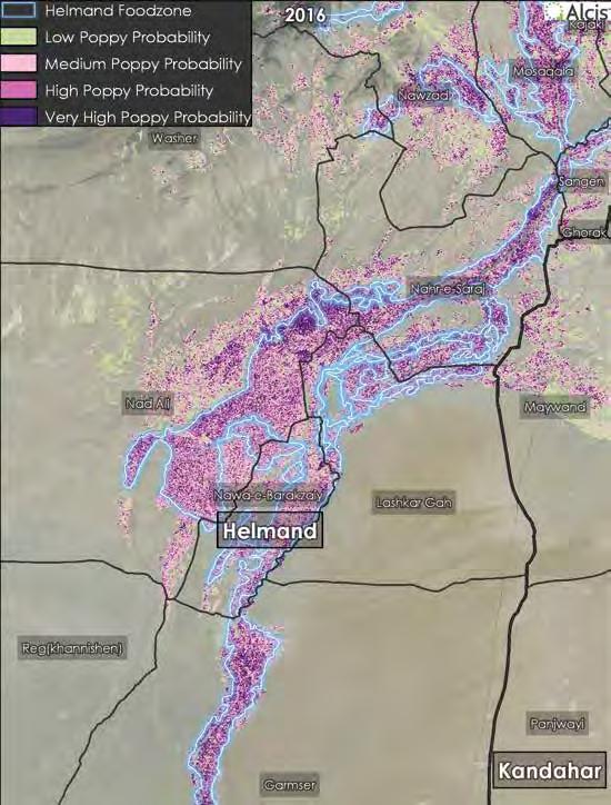 COUNTERNARCOTICS 2016 Poppy Probability Map: This map shows poppy s sustained resurgence in the main canal area of the Helmand Food Zone, particularly in the districts of Lashkar Gah, Nad Ali, and