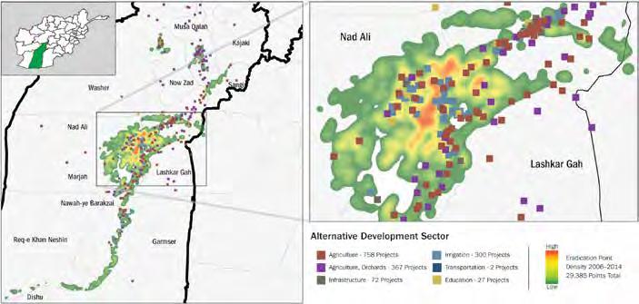 COUNTERNARCOTICS FIGURE 19 MAPPING OF ALTERNATIVE DEVELOPMENT PROJECTS AND ERADICATION IN HELMAND PROVINCE, 2006 2015 Note: From 2006 to 2014, the district of Nad Ali was subject to the highest