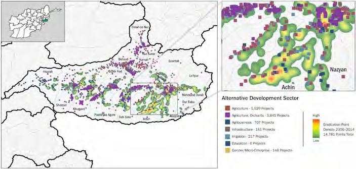 COUNTERNARCOTICS FIGURE 21 MAPPING OF ALTERNATIVE DEVELOPMENT PROJECTS AND ERADICATION IN NANGARHAR PROVINCE, 2005 2014 Note: Some areas where there was a high concentration of eradication, such as