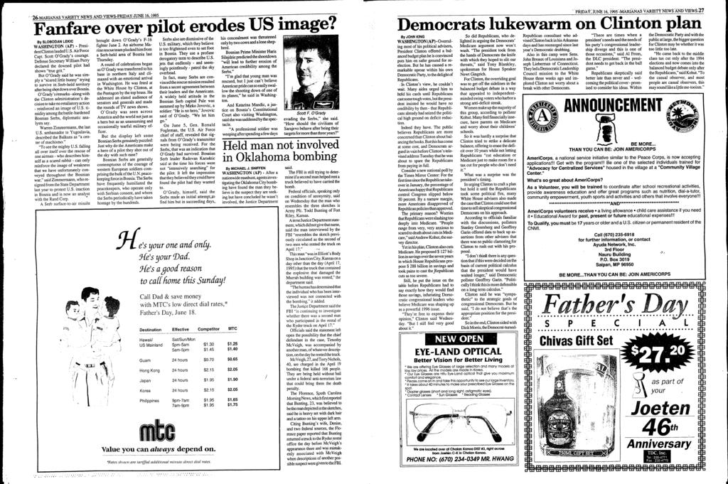 26-MARANAS VARETY NEWS AND VEWS-FRDAY-JUNE 16, 1-995. Fanfare over pilot erodes US image? Democrats lukewar1n on Clinton plan.