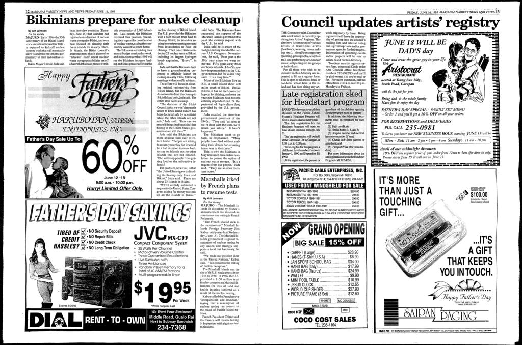 12-MARANAS VARETY NEWS AND VEWS-FRDAY-JUNE 16, 1995 Bikinians prepare for nuke clean.