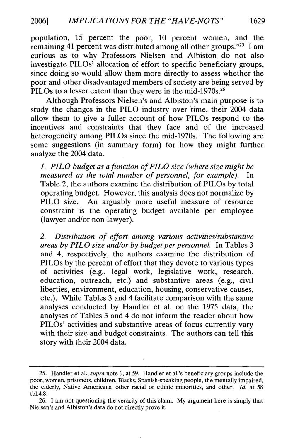 2006] IMPLICATIONS FOR THE "HA VE-NO TS" 1629 population, 15 percent the poor, 10 percent women, and the remaining 41 percent was distributed among all other groups.