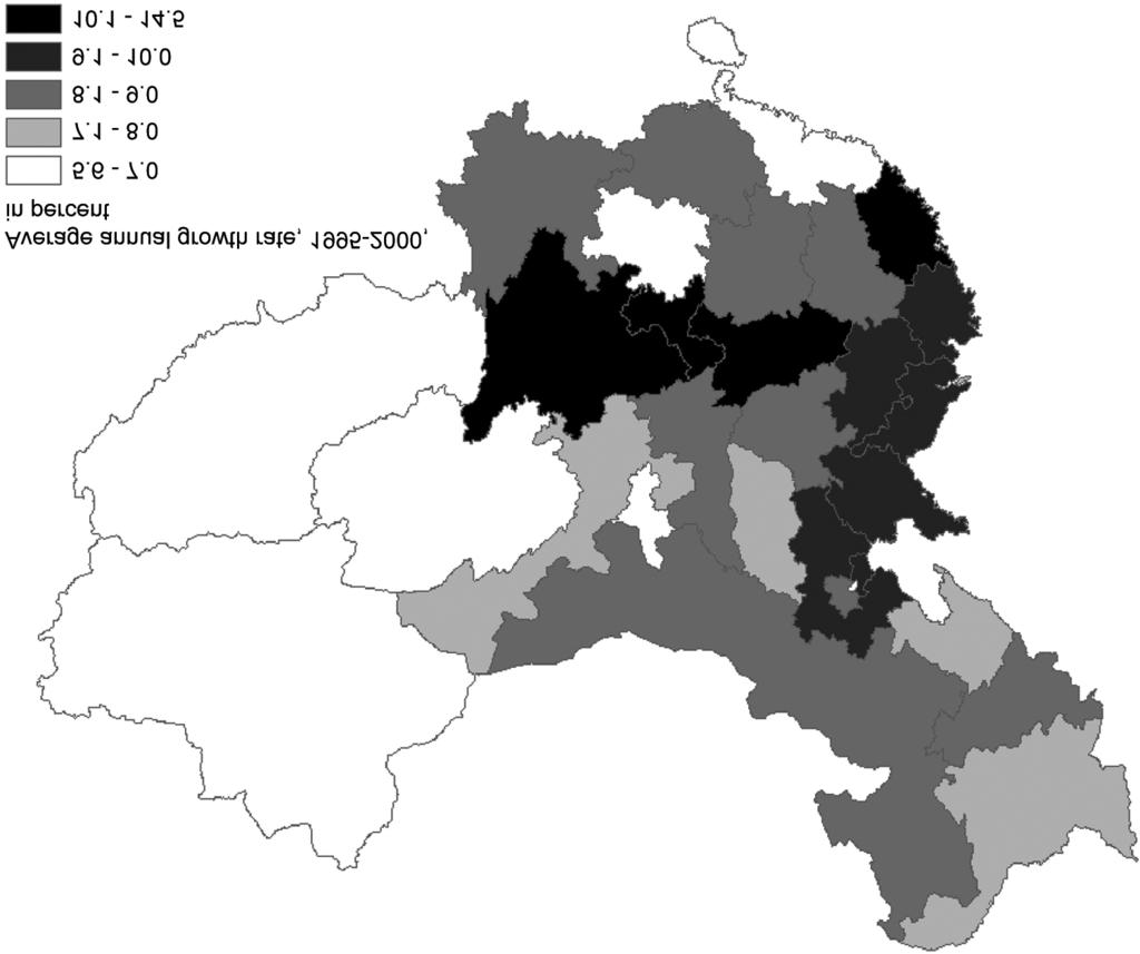 CHAN AND WANG 45 Fig. 5. Rate of growth in per capita GDP by province, 1995 2000. Chongqing is included in Sichuan province. The grouping of growth rates is based on the natural breaks method.