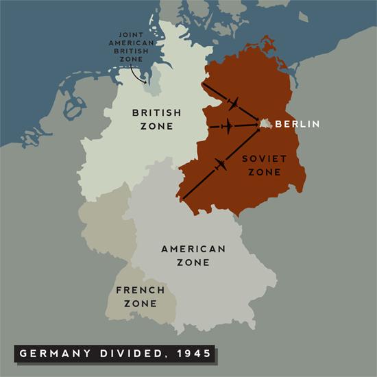 Post-War Germany Germany divided into 4 zones, controlled by Soviet Union France