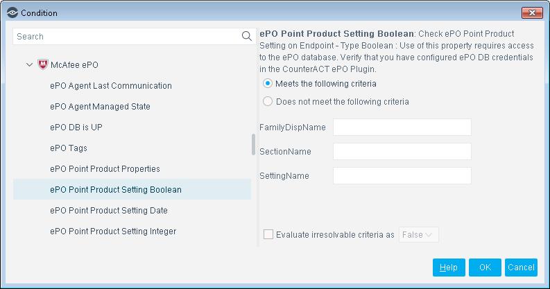 epo Point Product Setting Boolean Use this property to detect endpoints based on the Boolean value of a specific Point Product setting.