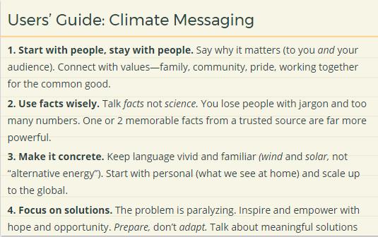 Figure 3. Climate Messaging. (Fahey, 2014b) This guide is adapted by Anna Fahey (2014) from the 13 Steps and Guiding Principles for climate change messaging by ecoamerica (2013).