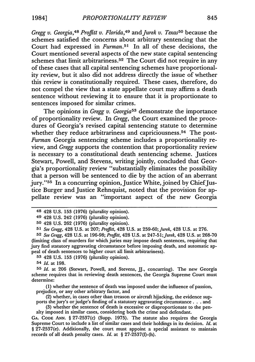 1984] PROPORTIONALITY REVIEW 845 Gregg v. Georgia, 48 Proffitt v. Florida, 49 and Jurek v.
