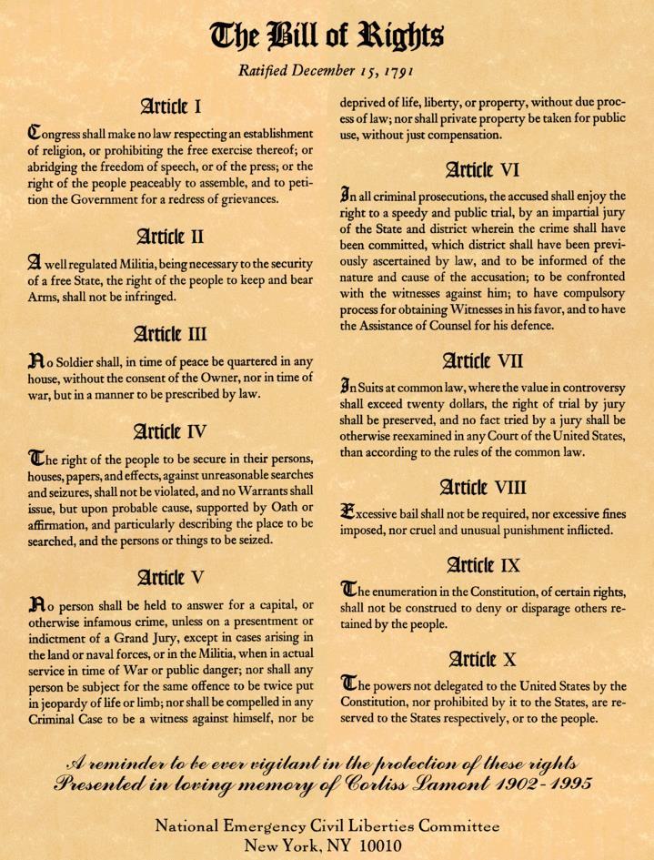 June 1788 Bill of Rights first ten amendments, guarantee citizens