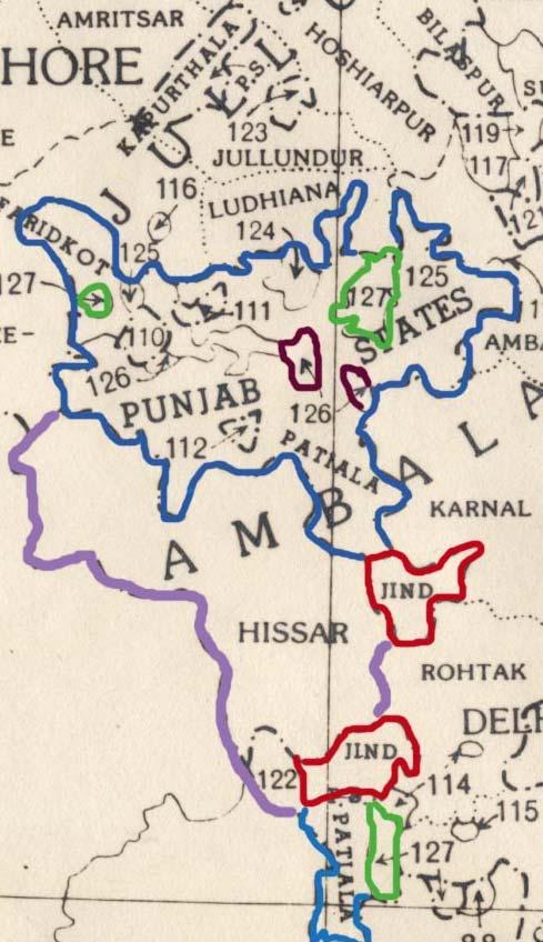The one on the right is from 1951 and shows Patiala, Barnala, Bhatinda, Sangrur, Mohindergarh (8), Fatehgarh Sahib (6) In the 1951 map, we see that Mohindergarh (number 8 on that map) was composed of