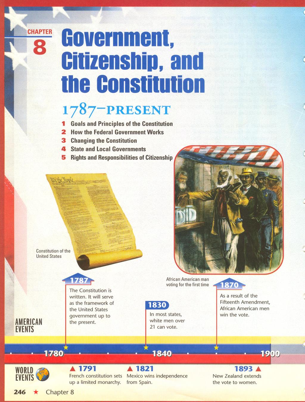 .. 8 Government, Citizenship, and the Constitution 1787-PRESENT 1 Goals and Principles of the Constitution 2 How the Federal Government Works 3 Changing the Constitution 4 State and Local Governments