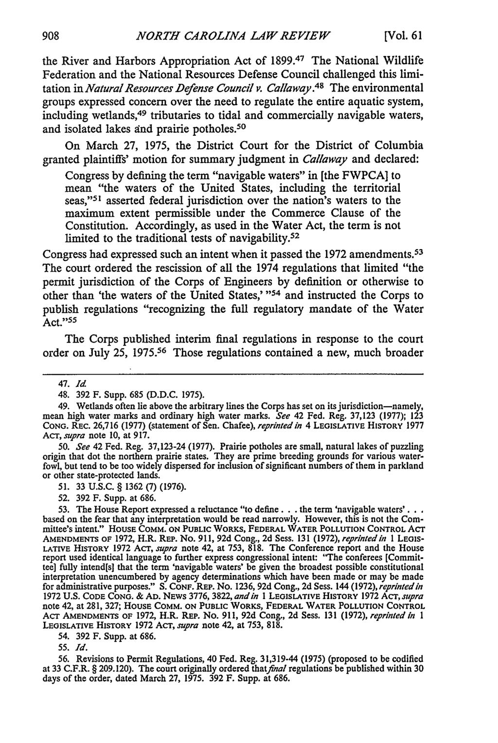 NORTH CAROLINA LAW REVIEW [Vol. 61 the River and Harbors Appropriation Act of 1899.