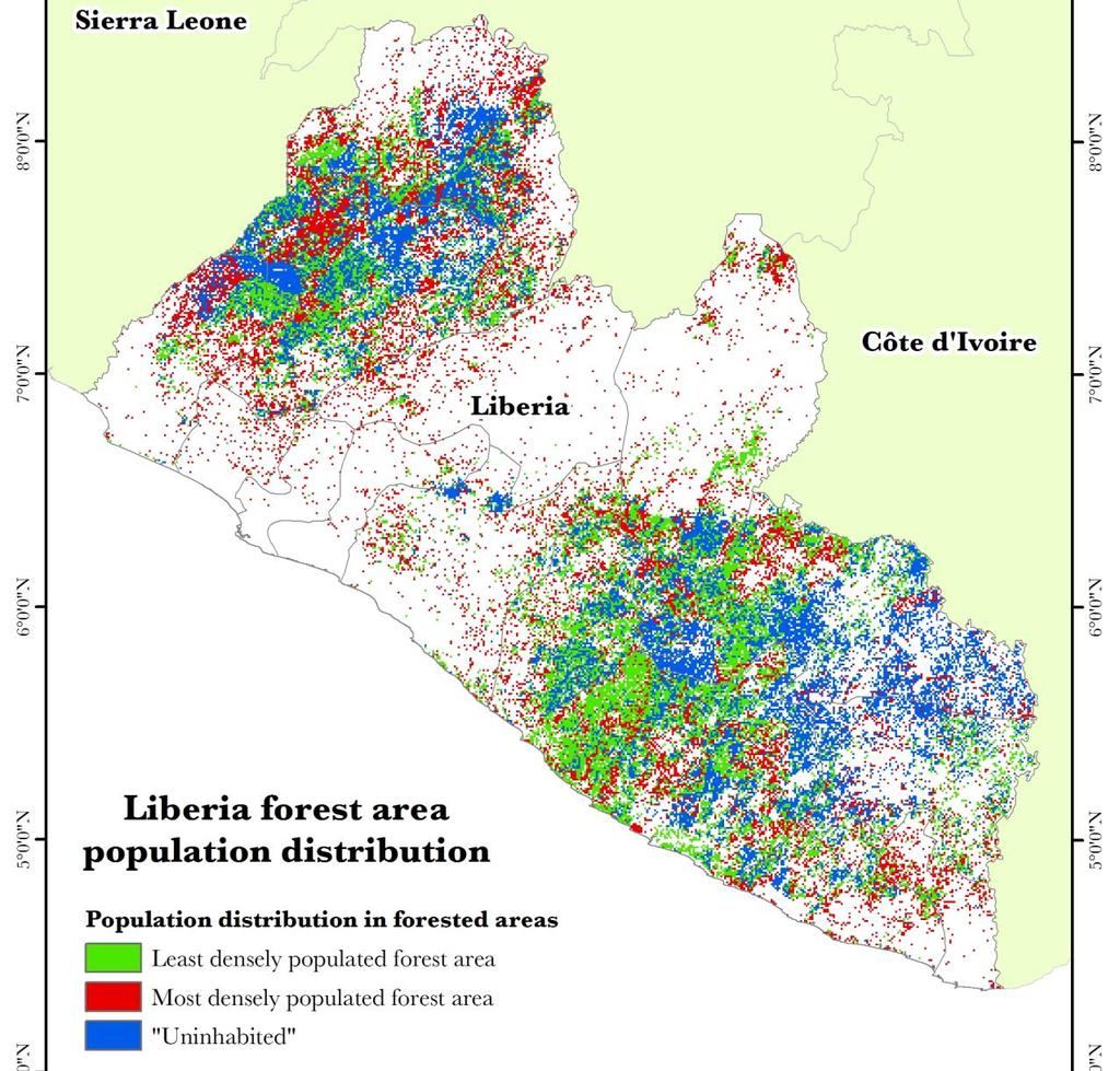 Appendix: Population Distribution in Liberia s Forests The map below picks out the most and least densely 30% of Liberia s forest land.