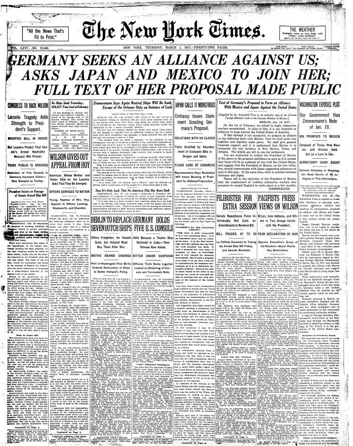 THE ZIMMERMAN NOTE Despite US calls for peace, Germany pushed ahead for open war 1/16/1917 - Britain intercepts a telegram intended for the German ambassador to Mexico it s sent from the German