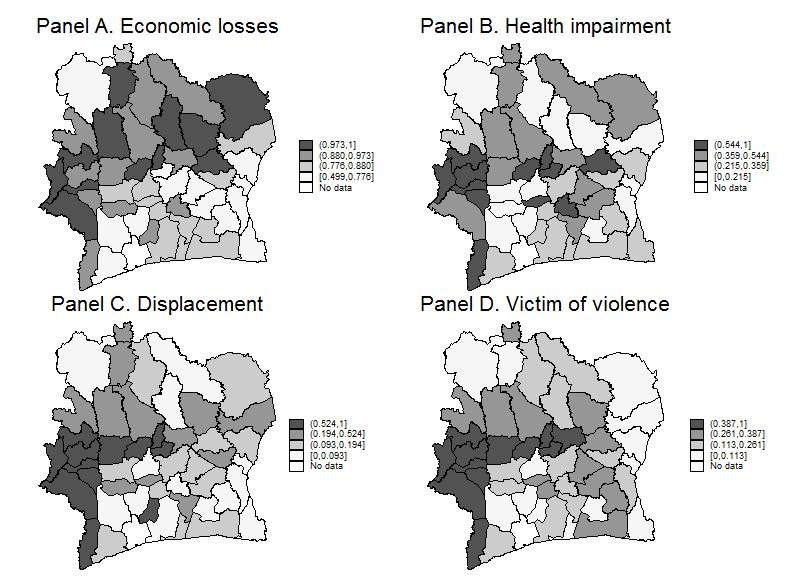 Maps by Type of Victimization Notes: Shaded areas represent regions where conflict-induced victimization was reported.