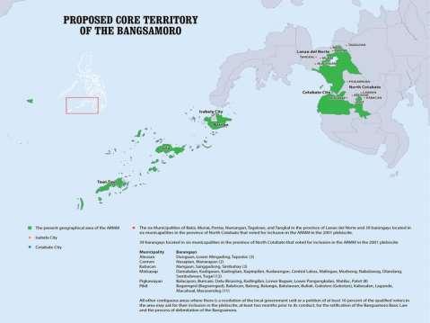 Territory The core territory of the Bangsamoro shall be determined through a plebiscite Contiguous LGUs outside the core territory before the plebiscite: 10% 0f voters petition for inclusion