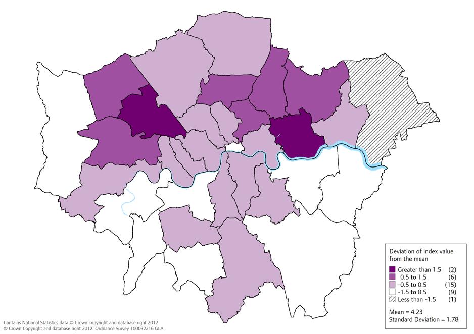 Map 1: Simpson s Diversity Indices, 18 Ethnic Groups Source: 2011 Census, Office for National Statistics Map 1 shows diversity index values at local authority level for Greater London.