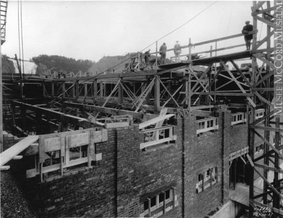 Construction of the Dominion Textile Mill building around 1927 Source: McCord Museum