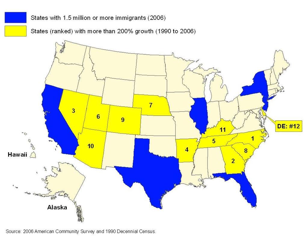 Figure 1. States with the Largest and Fastest-Growing Foreign-Born Populations Source: 2006 American Community Survey and 1990 Decennial Census.