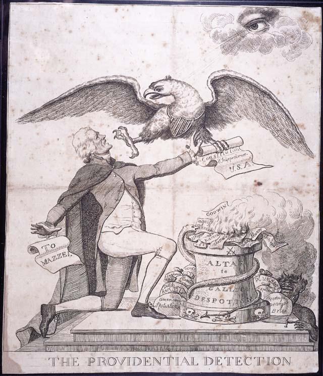 Jefferson kneels before the altar of Gallic (French) despotism as God and an American eagle attempt to prevent him from destroying the U.S.