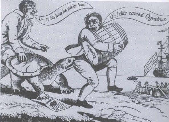 1808 political cartoon showing the embargo as a vicious snapping turtle called