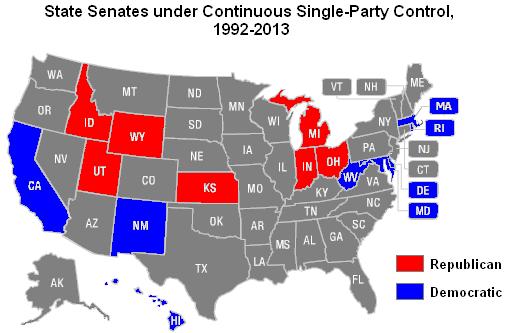 Figure 5: Map depicting the percentage of time a political party controlled a state senate from 1992-2013 of the time, while Republicans held the upper chambers 48 percent of the time.