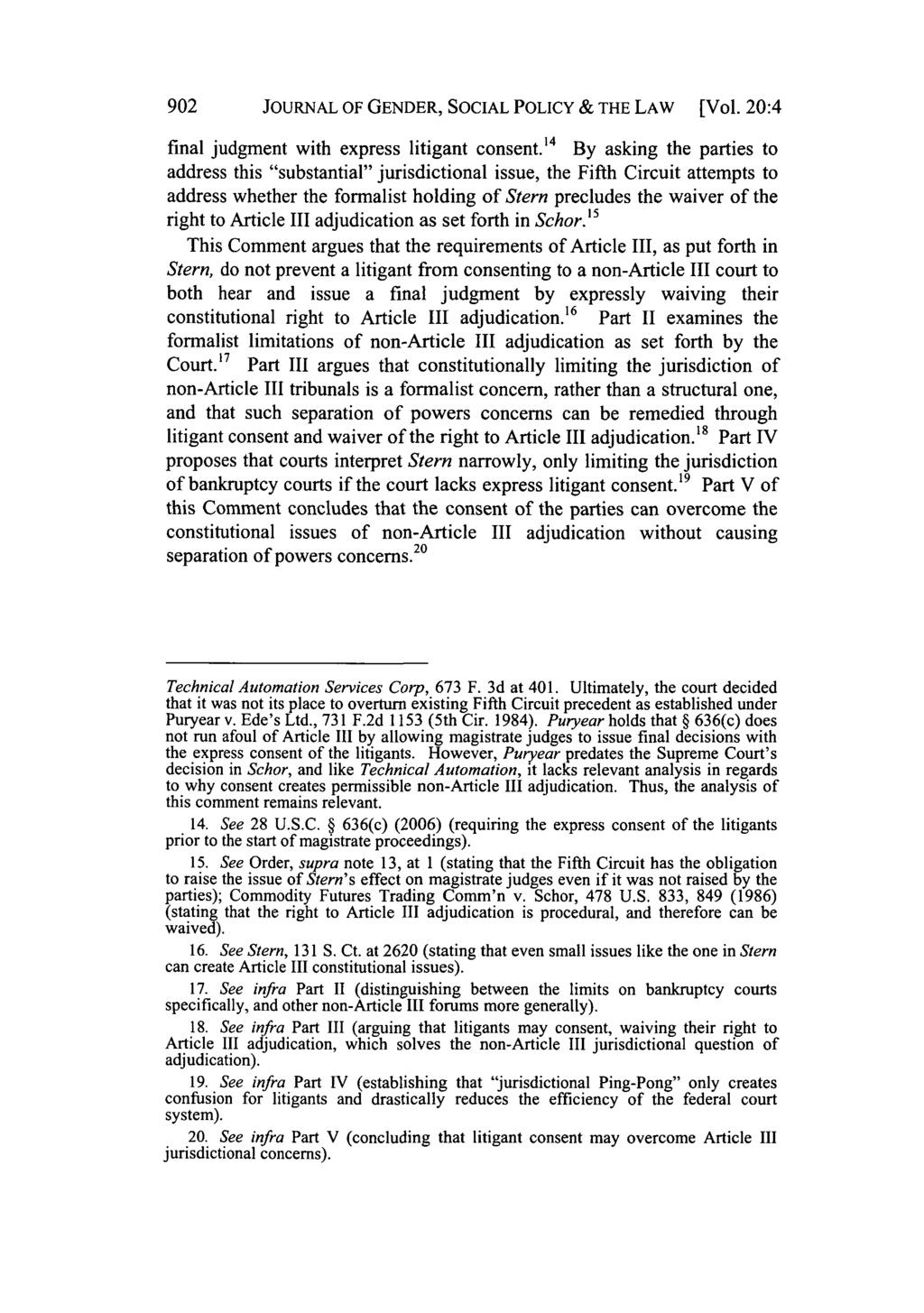 Journal of Gender, Social Policy & the Law, Vol. 20, Iss. 4 [2012], Art. 8 902 JOURNAL OF GENDER, SOCIAL POLICY & THE LAW [Vol. 20:4 final judgment with express litigant consent.