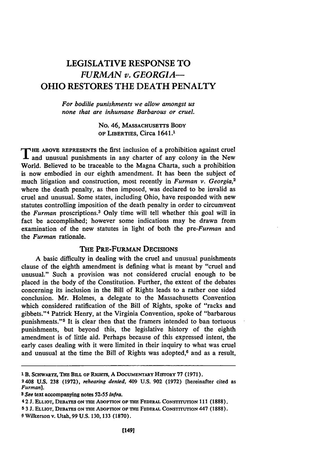 Heintz: Ohio Restores the Death Penalty T LEGISLATIVE RESPONSE TO FURMAN v.