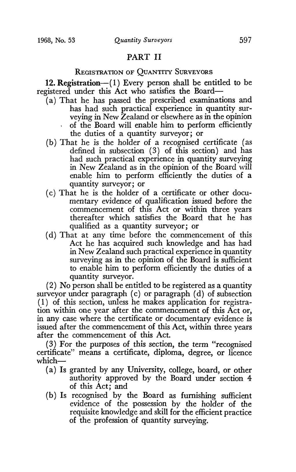 1968, No. 53 Quantity Surveyors 597 PART 11 REGISTRATION OF QUANTITY SURVEYORS 12.