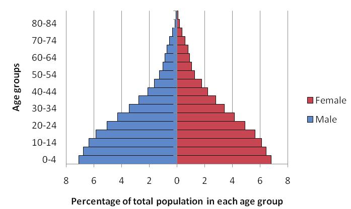 Figure 2a: Population pyramid for Jordan, Lebanon, the occupied Palestinian territory and Syria, 1975 Figure 2b: Population pyramid for Jordan, Lebanon, the occupied Palestinian territory and Syria,