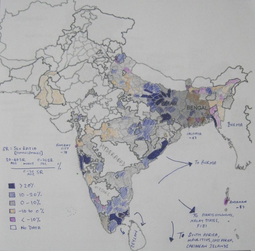 Figure 4: Sketch of Age Adjusted Sex Ratios in 1901 Source: Census of India 1901, various provincial reports. This map uses Map 11 of Roy (2014) as the base template and is work-in-progress.